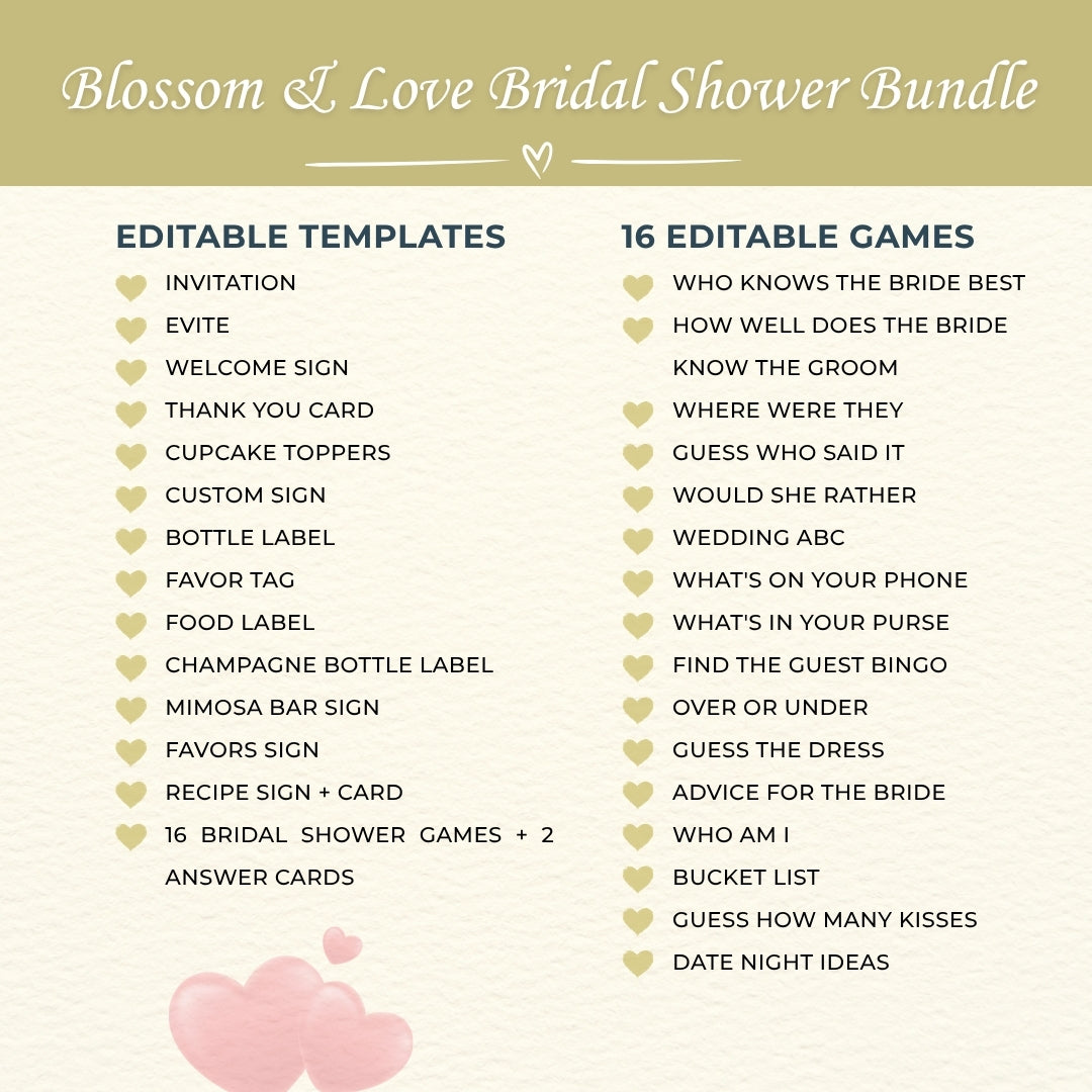 Blossom & Love Bridal Shower Bundle – Elegant Canva Templates & 16 Fun Games